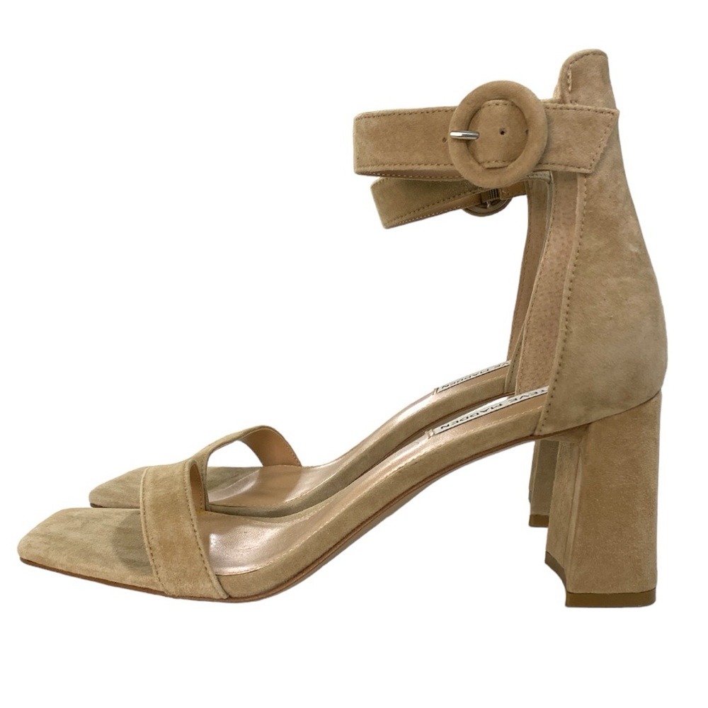 Steve Madden Suede Sandal Block Heel Square Toe‎ Neutral Tan Size 9.5
